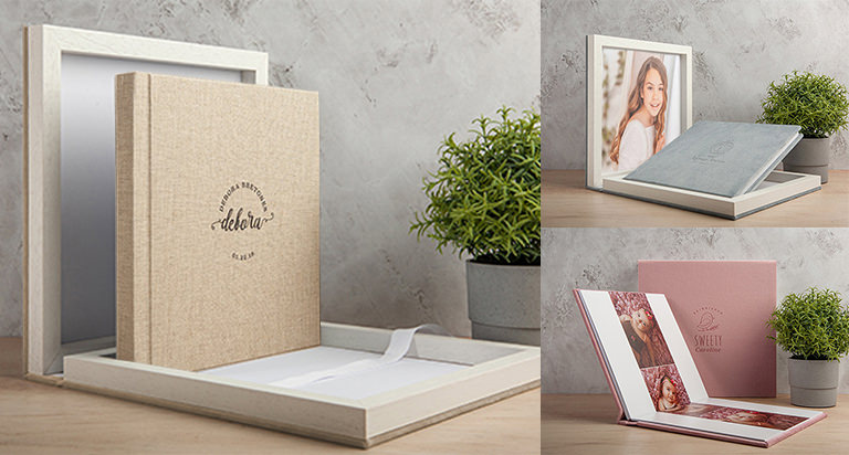 Álbuns e caixas para guardar as fotografias